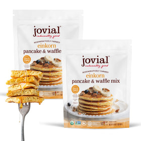 Jovial Einkorn Pancake Mix two-pack front-label, convenient breakfast option.