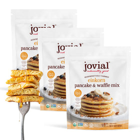 Jovial Organic Einkorn Pancake Mix packaging highlights premium ingredients for wholesome breakfasts.