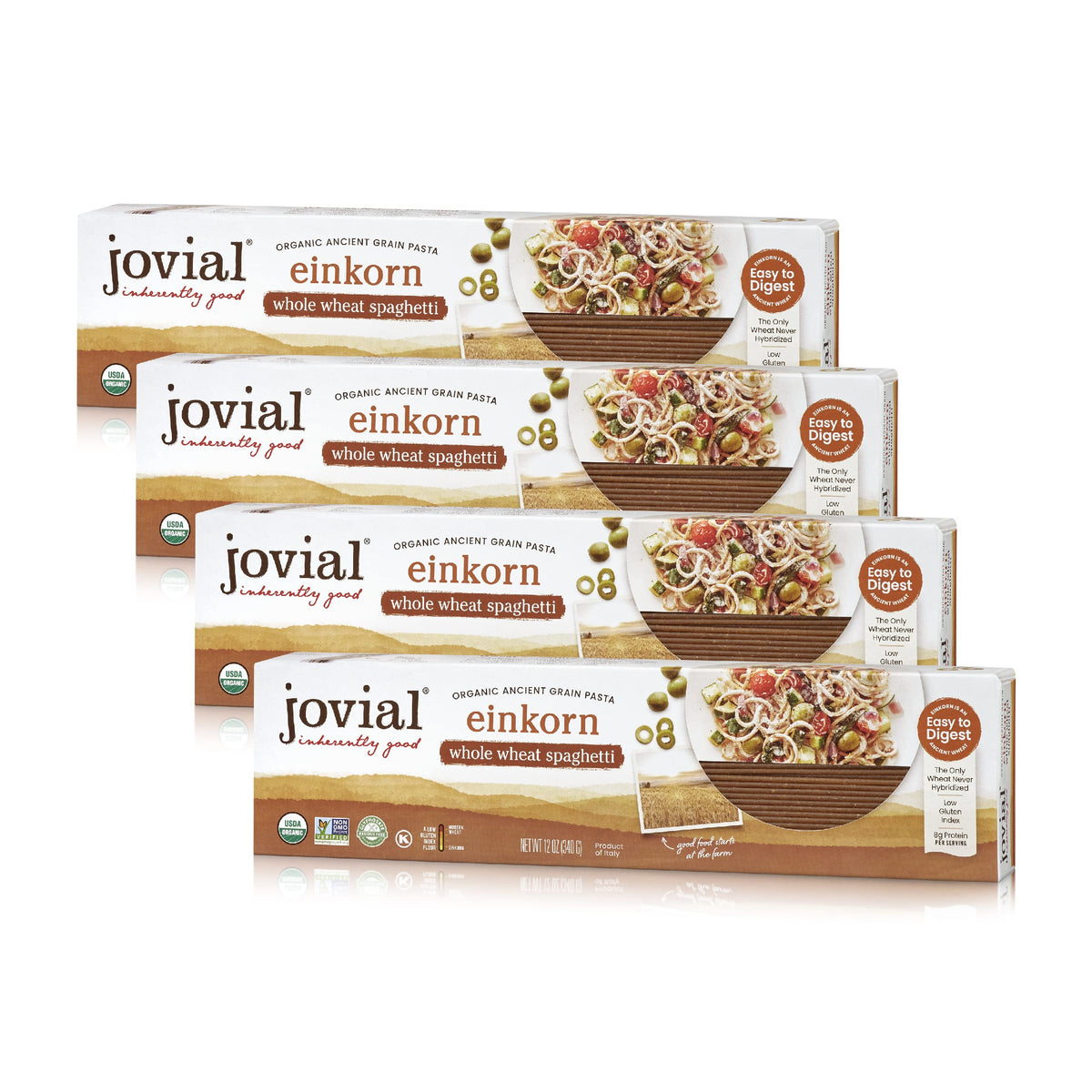 Jovial Einkorn pasta pack front with organic seal for authentic whole grain nutrition.