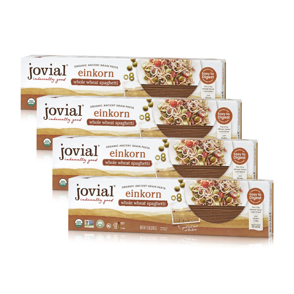 Jovial Einkorn pasta pack front with organic seal for authentic whole grain nutrition.