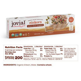 Jovial Einkorn pasta uncooked spaghetti, nutty flavor ideal for simple sauces.