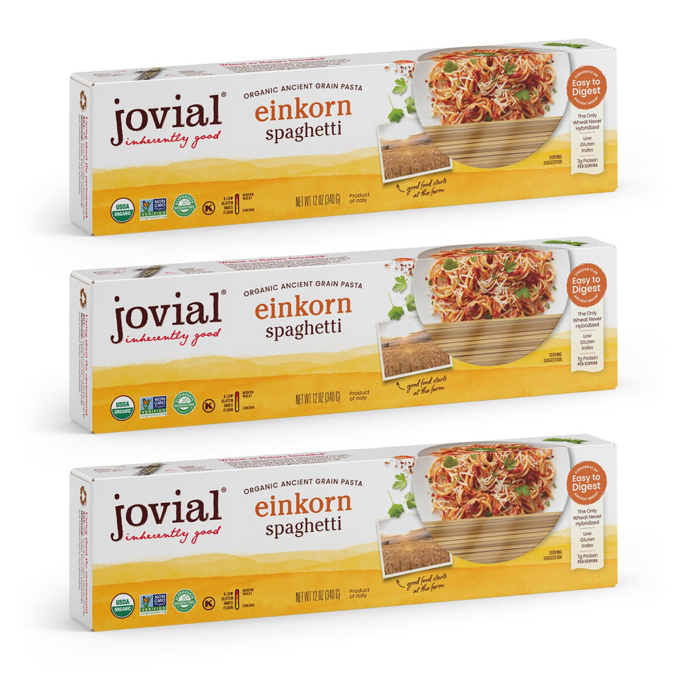Jovial Einkorn Spaghetti pack-3 showing gluten-conscious wholesome pasta for family meals