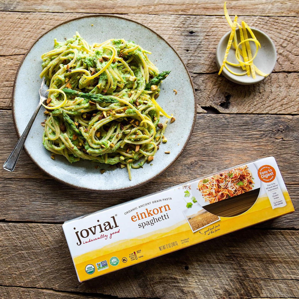 Jovial Einkorn Spaghetti raw pasta displaying 100 percent organic high-extraction flour