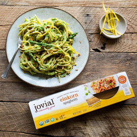 Jovial Einkorn Spaghetti raw pasta displaying 100 percent organic high-extraction flour