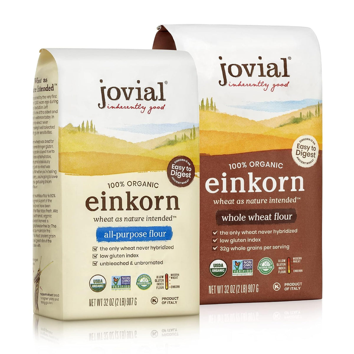 Jovial einkorn whole-wheat flour bag highlighting organic, non-GMO formula for rich bread.