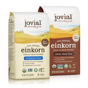 Jovial einkorn whole-wheat flour bag highlighting organic, non-GMO formula for rich bread.