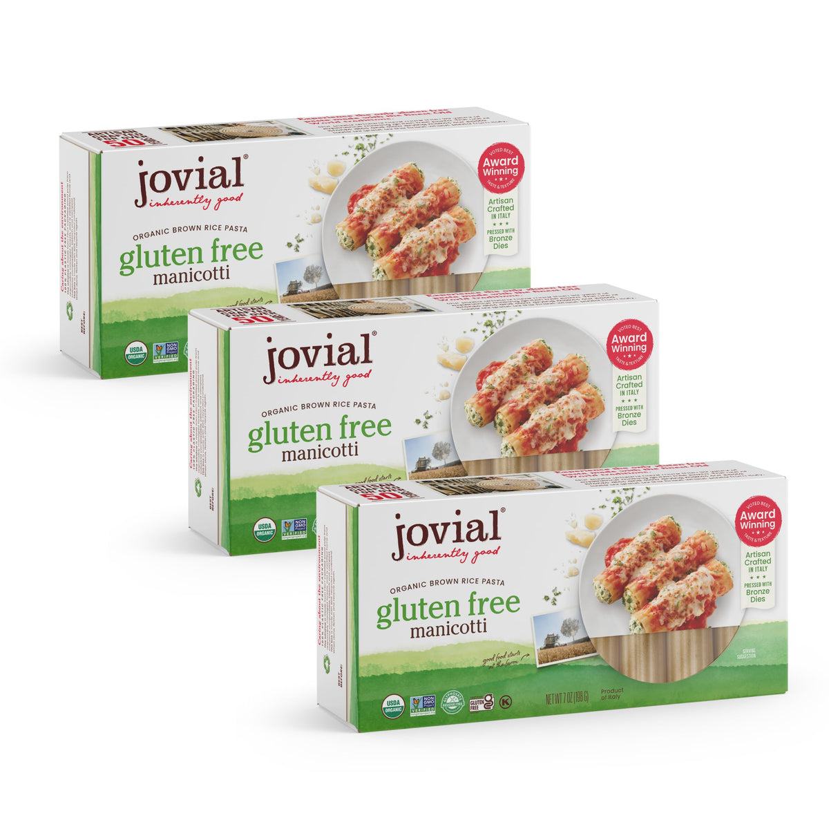 Jovial manicotti brown rice pasta pack front showing gluten-free quality