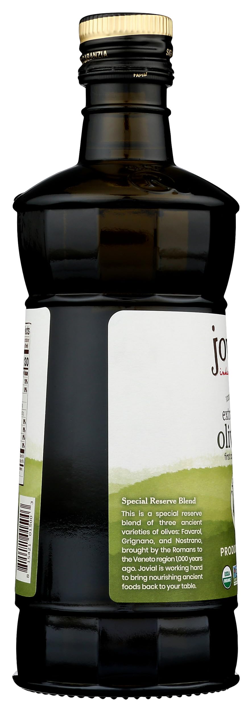 Jovial Organic EVOO bottle with herbs on the counter