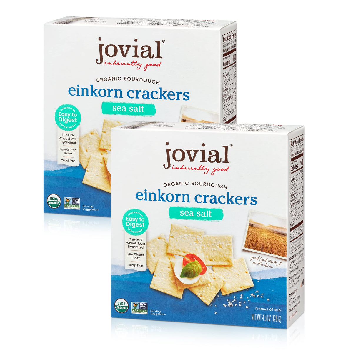 Jovial Organic Sourdough Einkorn Crackers packaging, ideal for cheese boards.