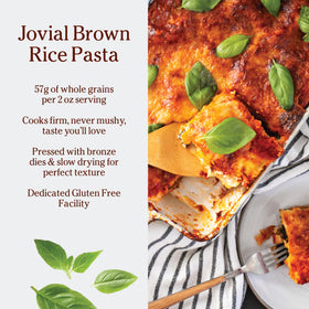 Oven-baked lasagna using Jovial noodles showcases bake stability.