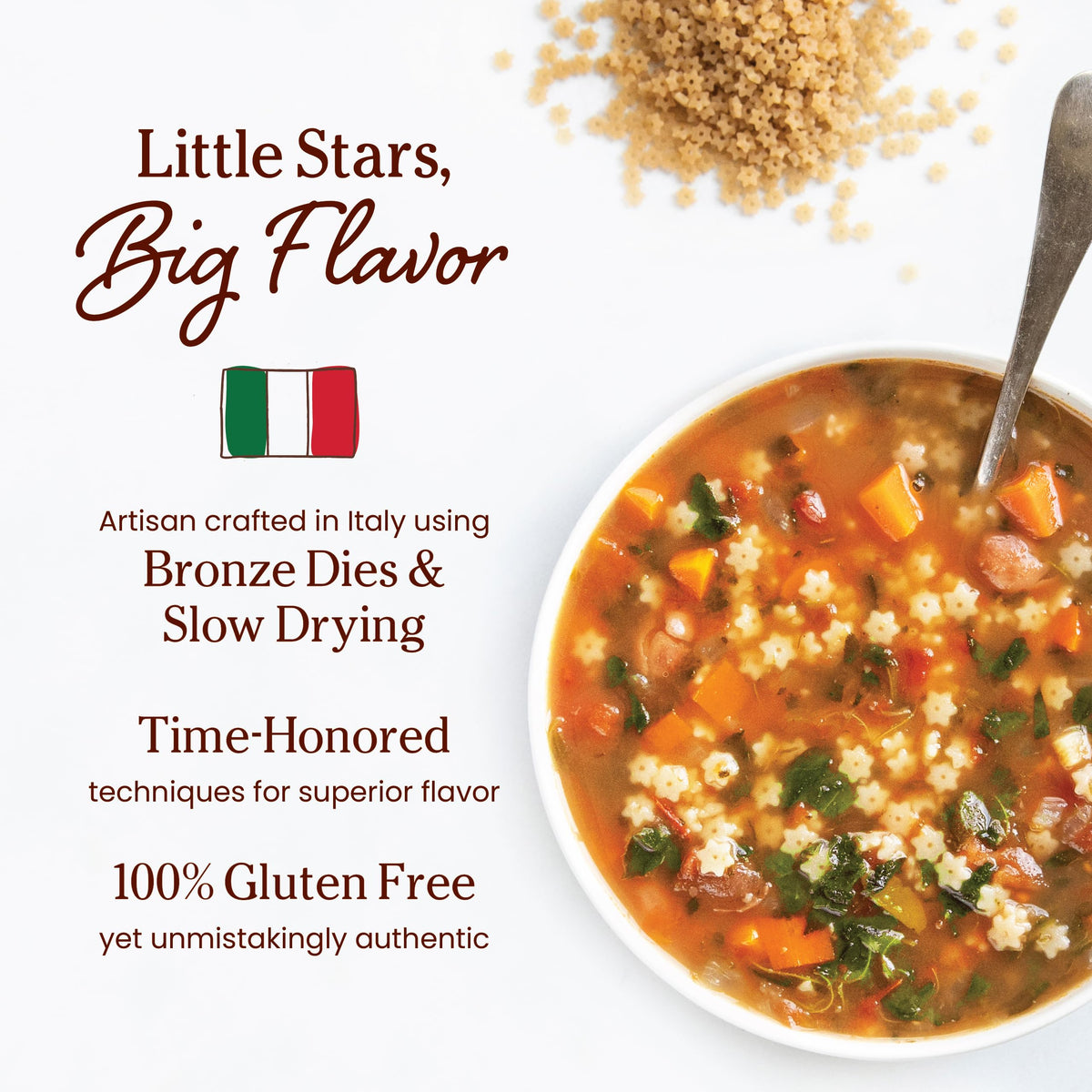Jovial Stelline bronze-dies extrusion creates firmer bite and richer sauce adherence.