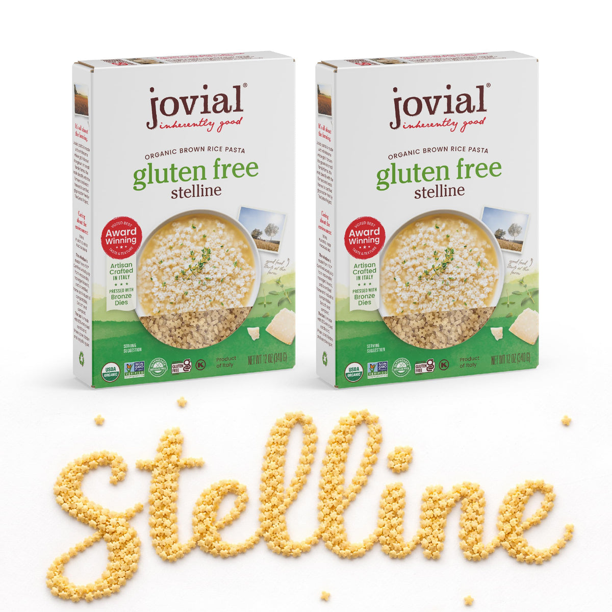 Jovial Stelline brown rice dry package highlights organic, gluten-free pasta for healthy weeknight dinners.