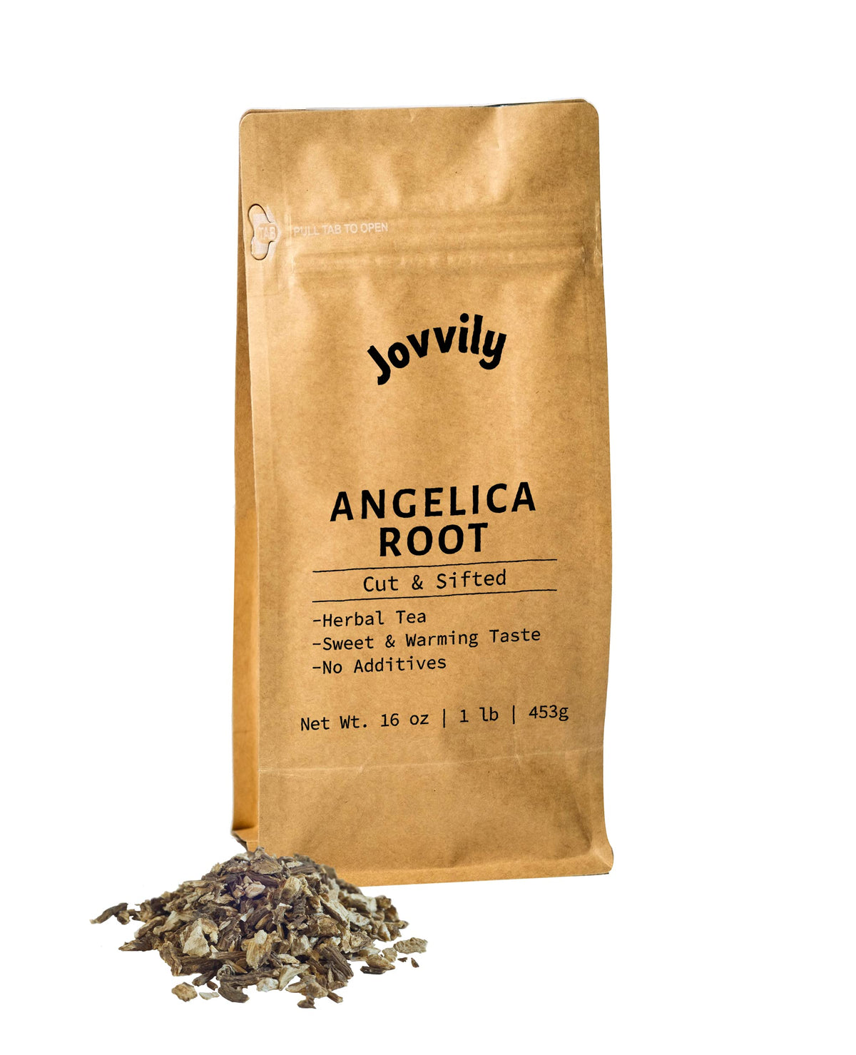 Jovvily Angelica Root cut & sifted packaging shows premium loose herb for tea.