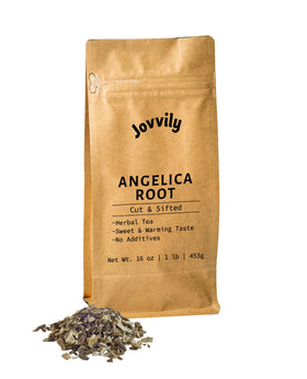Jovvily Angelica Root cut & sifted packaging shows premium loose herb for tea.