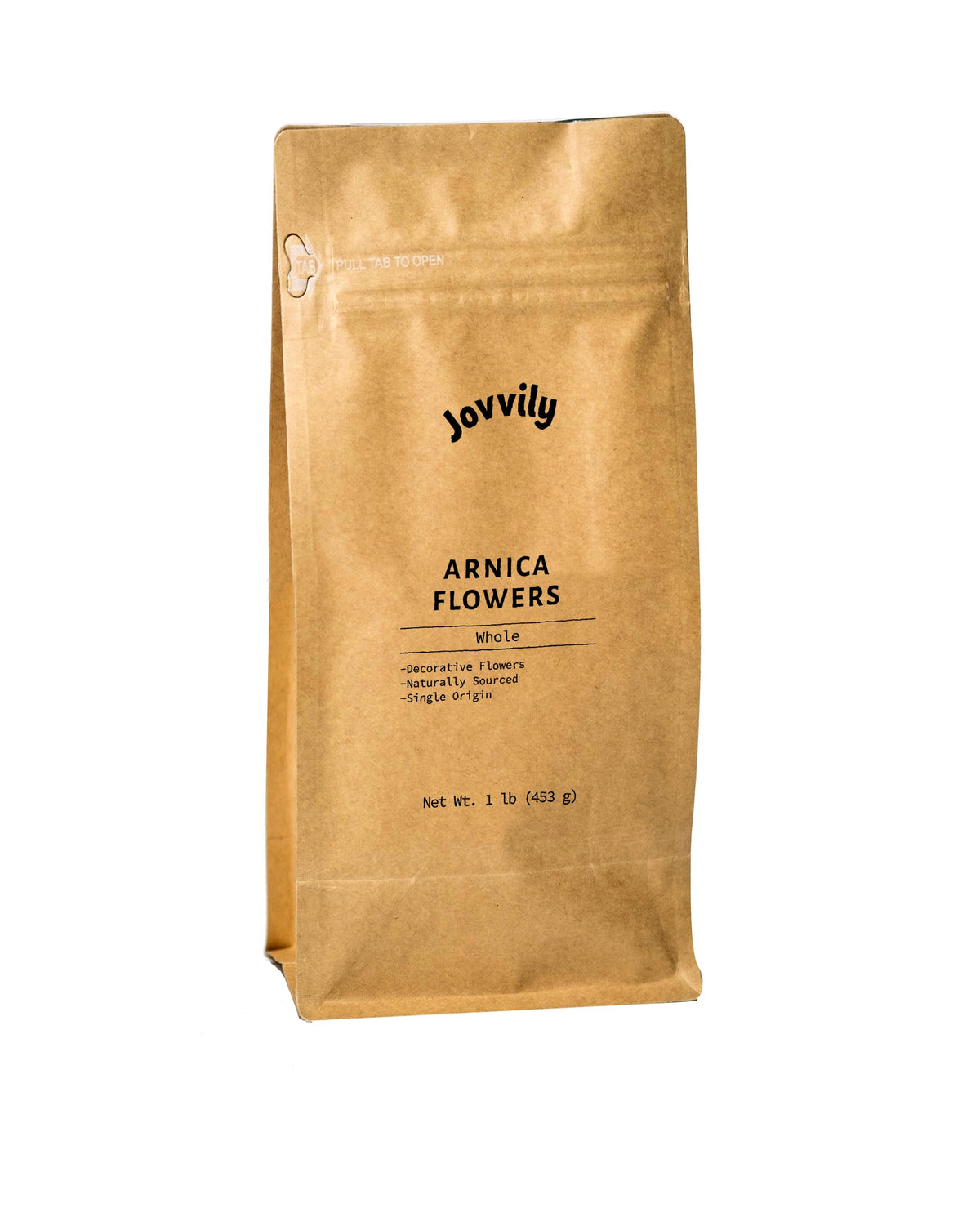 Jovvily Arnica flowers in a dried bag for poultice or decorative use.