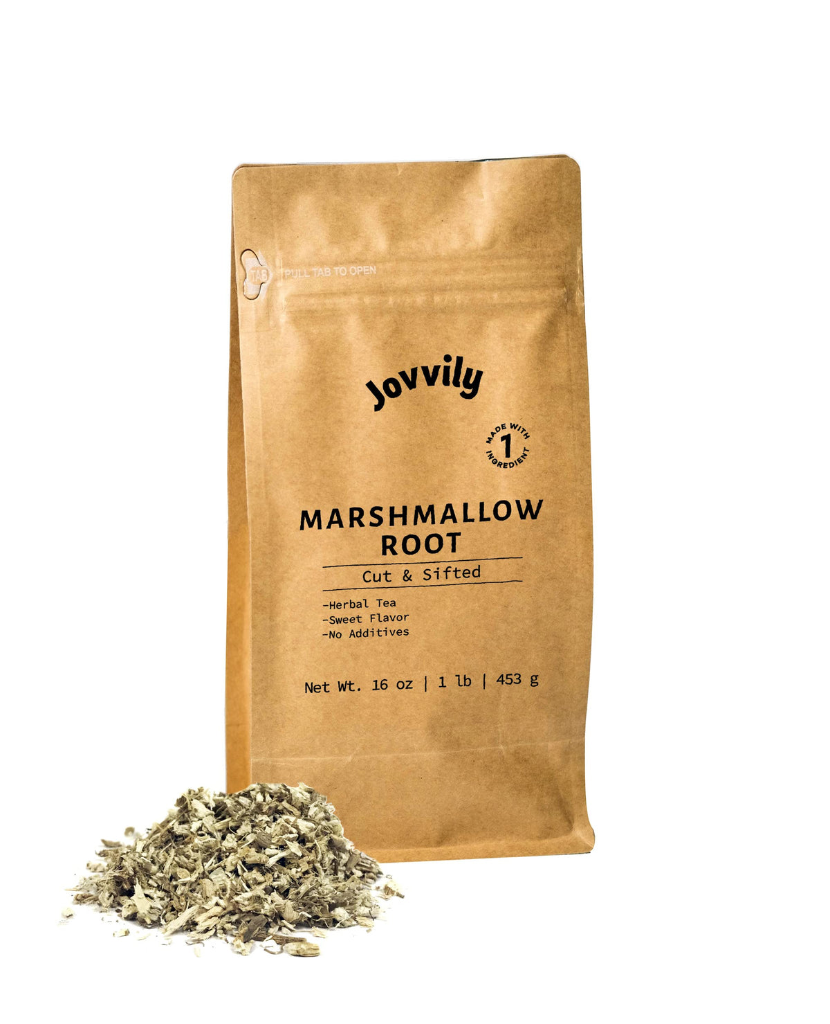 Jovvily Marshmallow Root cut & sifted pieces in a jar, perfect for soothing evening tea.