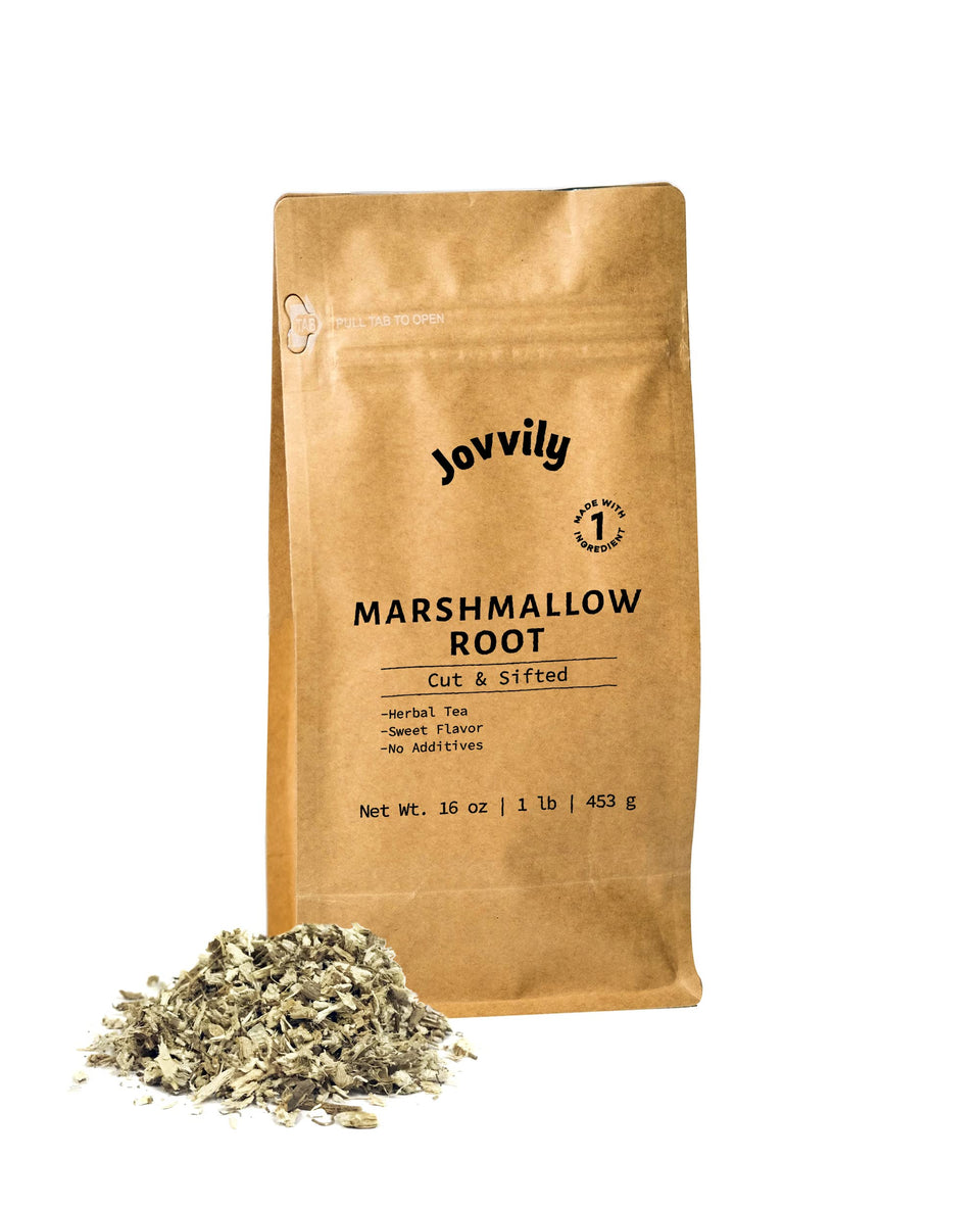 Jovvily Marshmallow Root cut & sifted pieces in a jar, perfect for soothing evening tea.