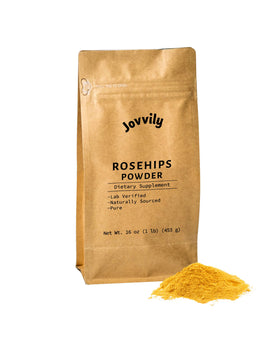 Jovvily Rosehips Powder jar closeup with earthy aroma for tea