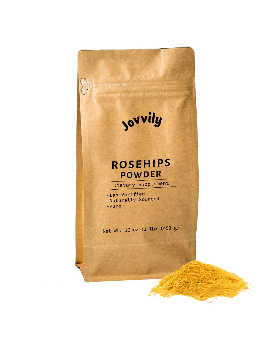 Jovvily Rosehips Powder jar closeup with earthy aroma for tea