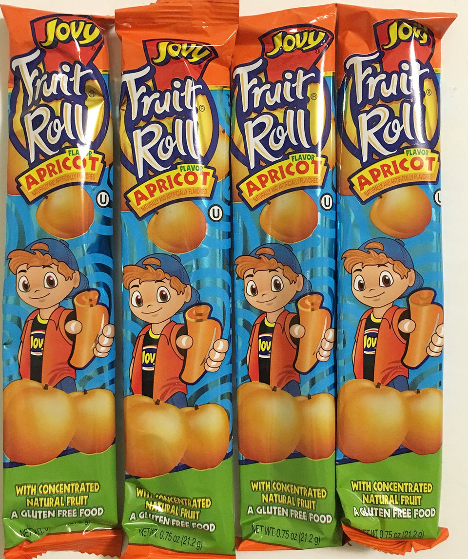 Jovy Fruit Roll Apricot packaging showing 16 single-serve packets for on-the-go snacks.