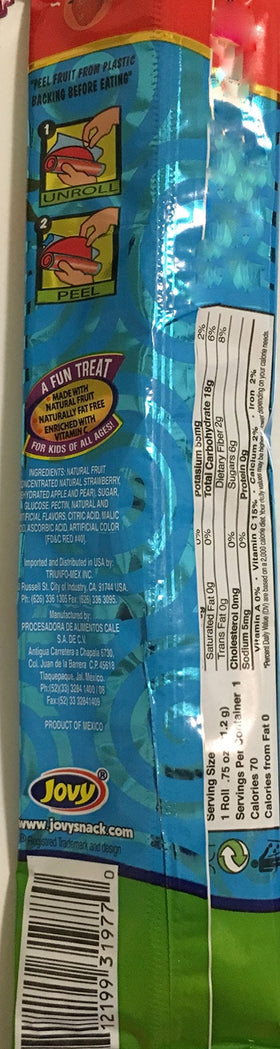 Jovy Strawberry Fruit Roll Snack pack back view presents easy-to-read product details for quick decisions.
