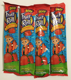 Jovy Strawberry Fruit Roll Snack pack front view emphasizes portable single-serve packets.