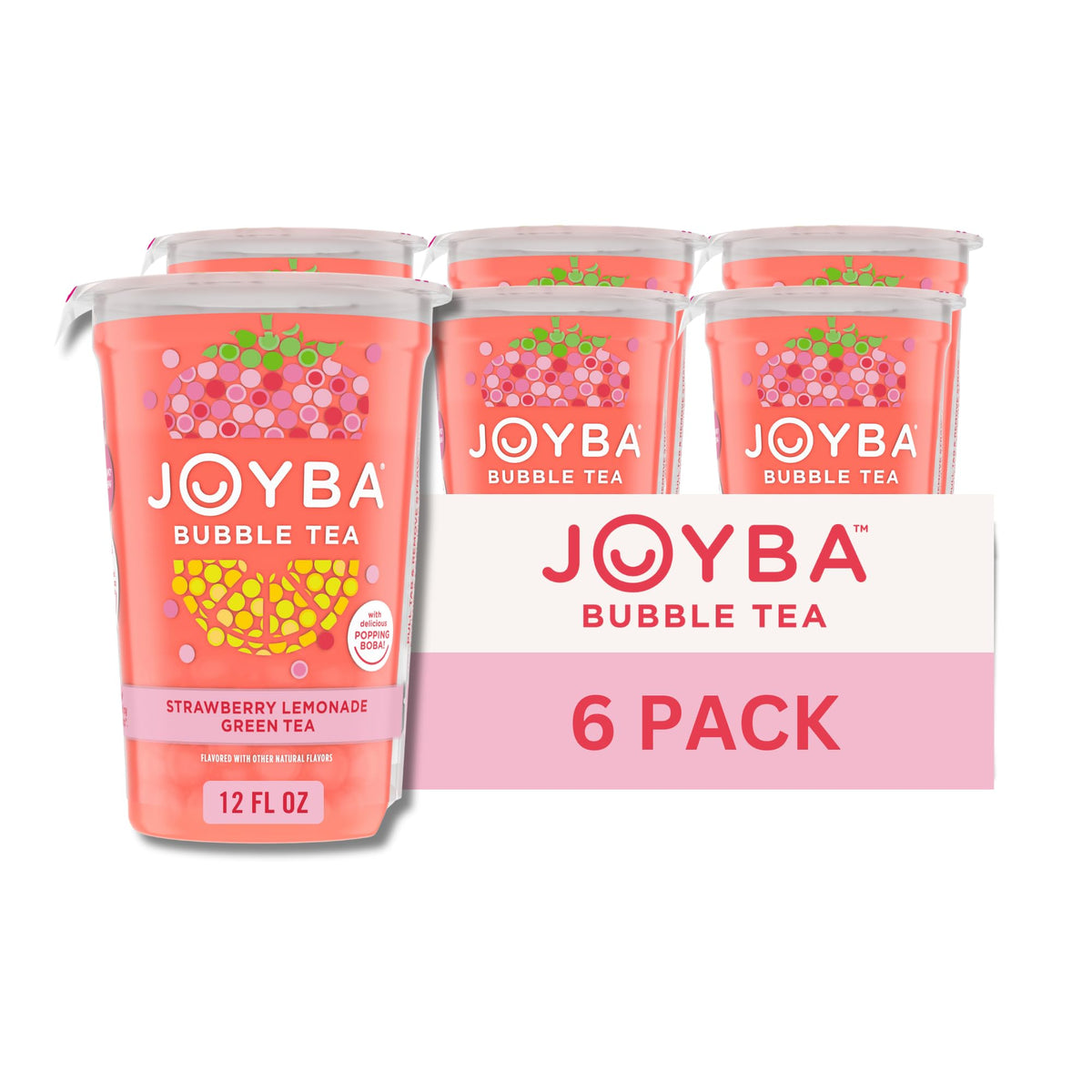 JOYBA strawberry lemonade black bubble tea cup with popping boba for on-the-go refreshment.
