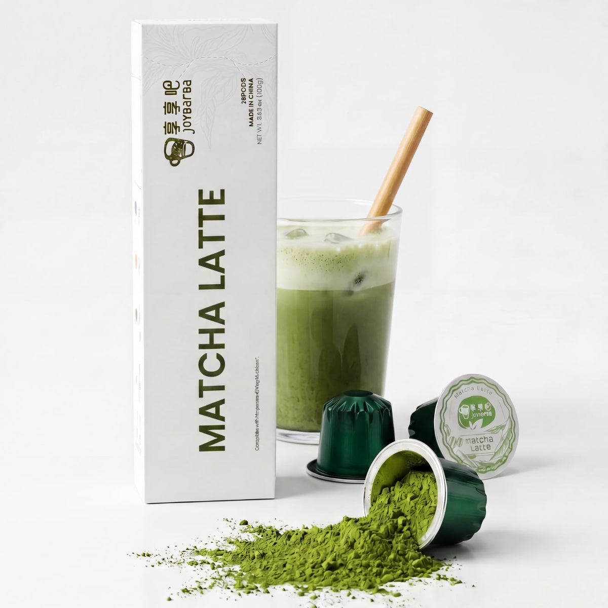 JOYBARBA Matcha Latte pods box front, ready for home cafe moments