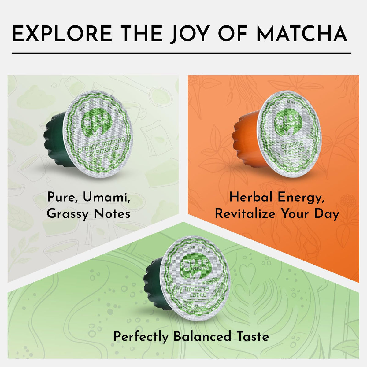 JOYBARBA three-flavors display: Ceremonial, Latte, and Ginseng options