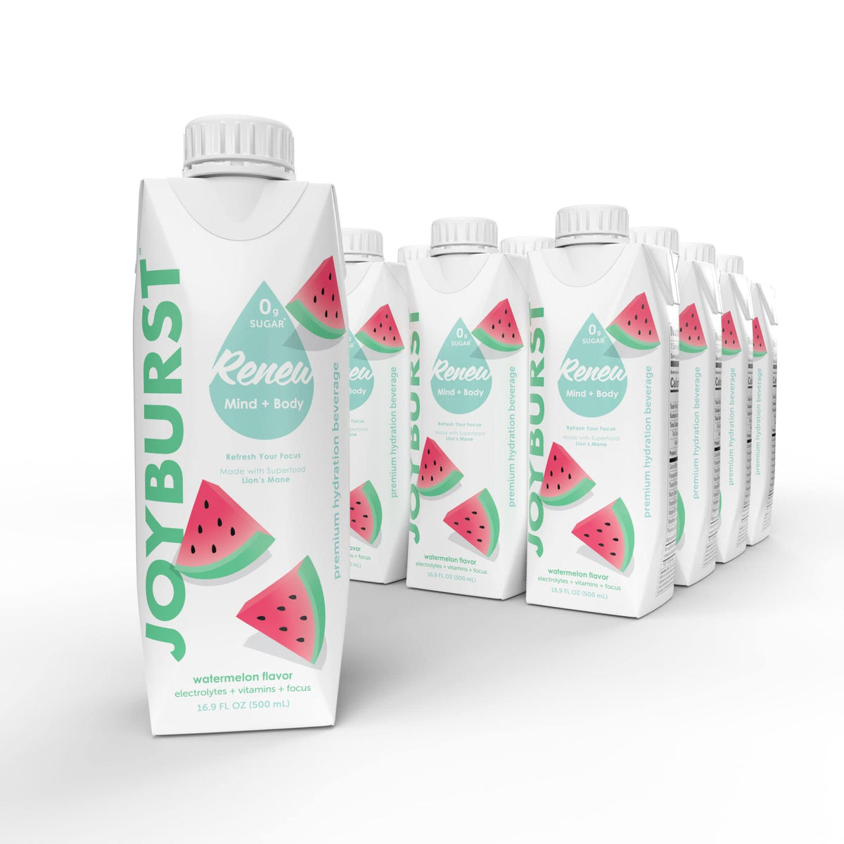 Joyburst Hydration Watermelon bottle highlights electrolyte blend for post-workout refreshment.