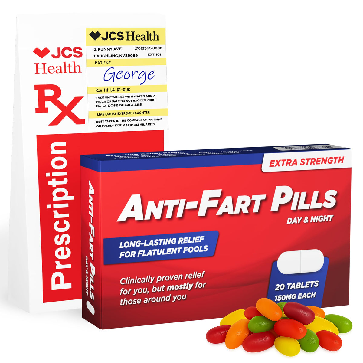Joyful Clan anti-fart pills box with realistic packaging for lighthearted pranks.