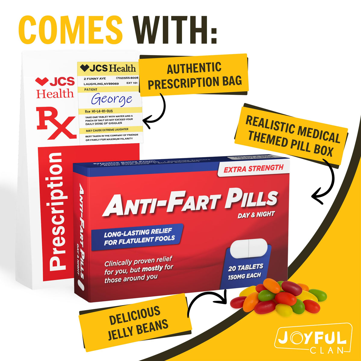 Joyful Clan prescription label image highlighting the fake medication gag.