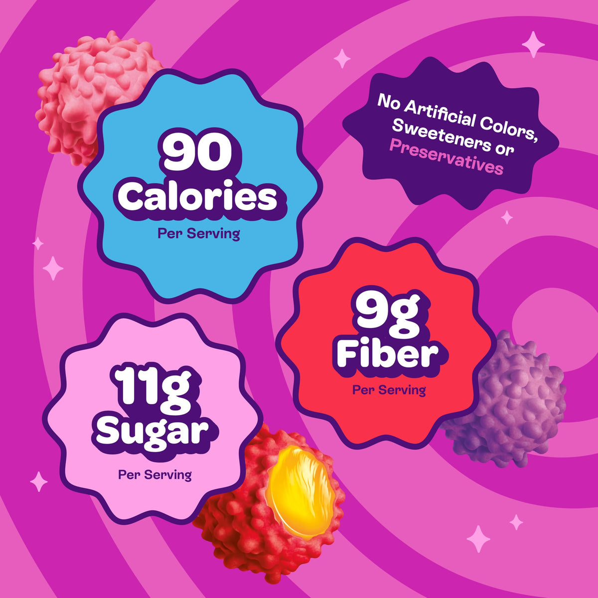 Joyride Berry Gummy Busters texture close-up emphasizes crunchy-chewy tang.