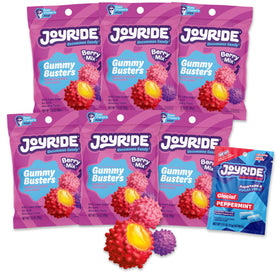 Joyride Berry Gummy Busters pack close-up showing vibrant gummies and a low-sugar option.