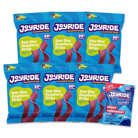 JOYRIDE Blue Raspberry Sour Strips bundle shows vibrant color for guilt-free snacking.