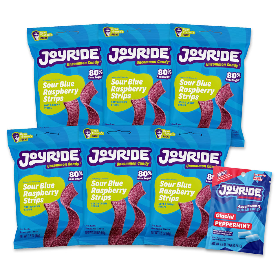 JOYRIDE Blue Raspberry Sour Strips bundle shows vibrant color for guilt-free snacking.