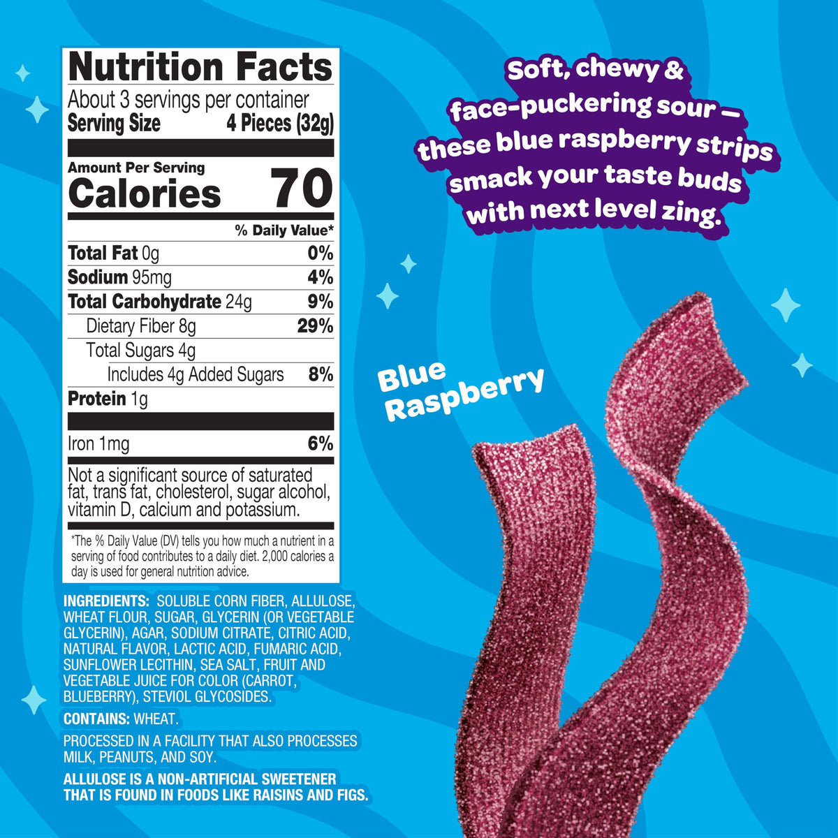 JOYRIDE Blue Raspberry Sour Strips close-up emphasizes tangy flavor and chewy texture.
