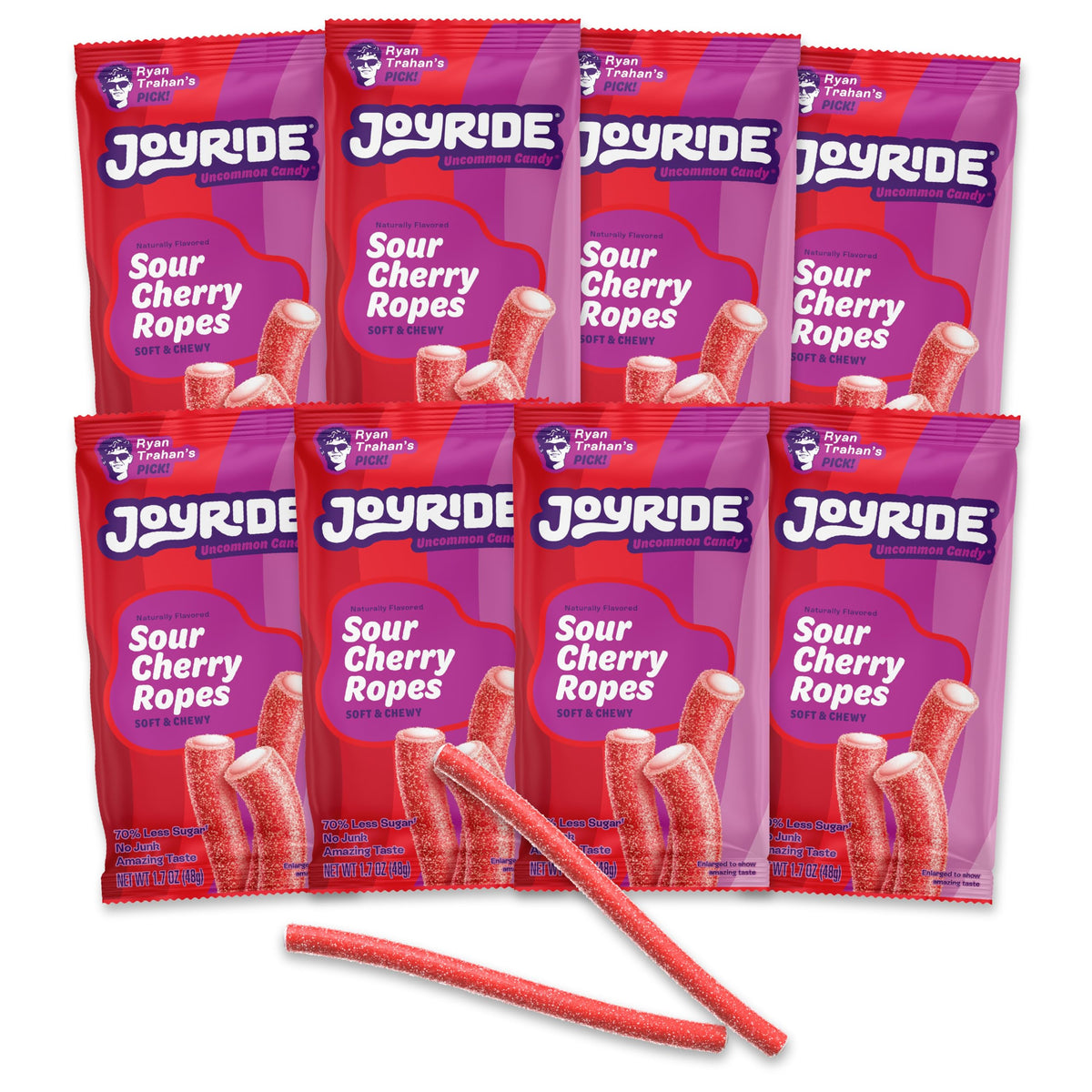 Joyride Sour Cherry Ropes packaging highlights convenient 8-pack for on-the-go snacking.