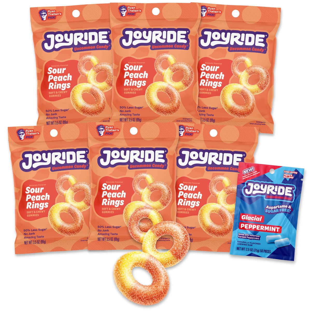 JOYRIDE Sour Peach Rings six-pack front view, tangy and fiber-rich snack option.