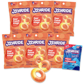 JOYRIDE Sour Peach Rings six-pack front view, tangy and fiber-rich snack option.