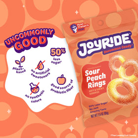 JOYRIDE Sour Peach Rings colorful bundle, low sugar candy for health-minded snacking.