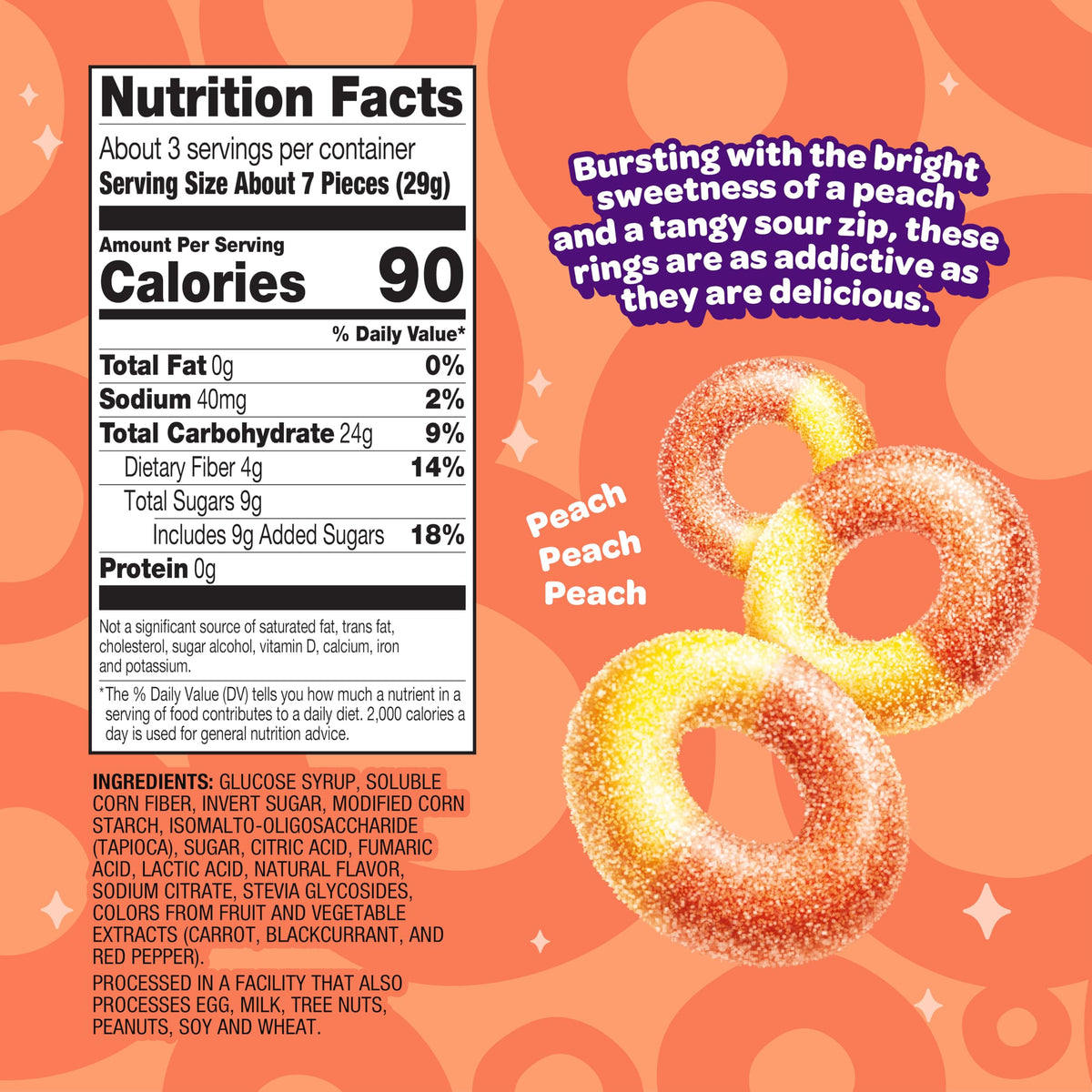 JOYRIDE Sour Peach Rings texture close-up shows chewy center and tart dust.