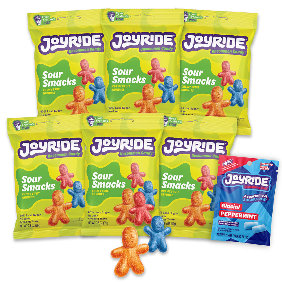 JOYRIDE Sour Smacks multi-pack front shows six flavors for on-the-go snacking.
