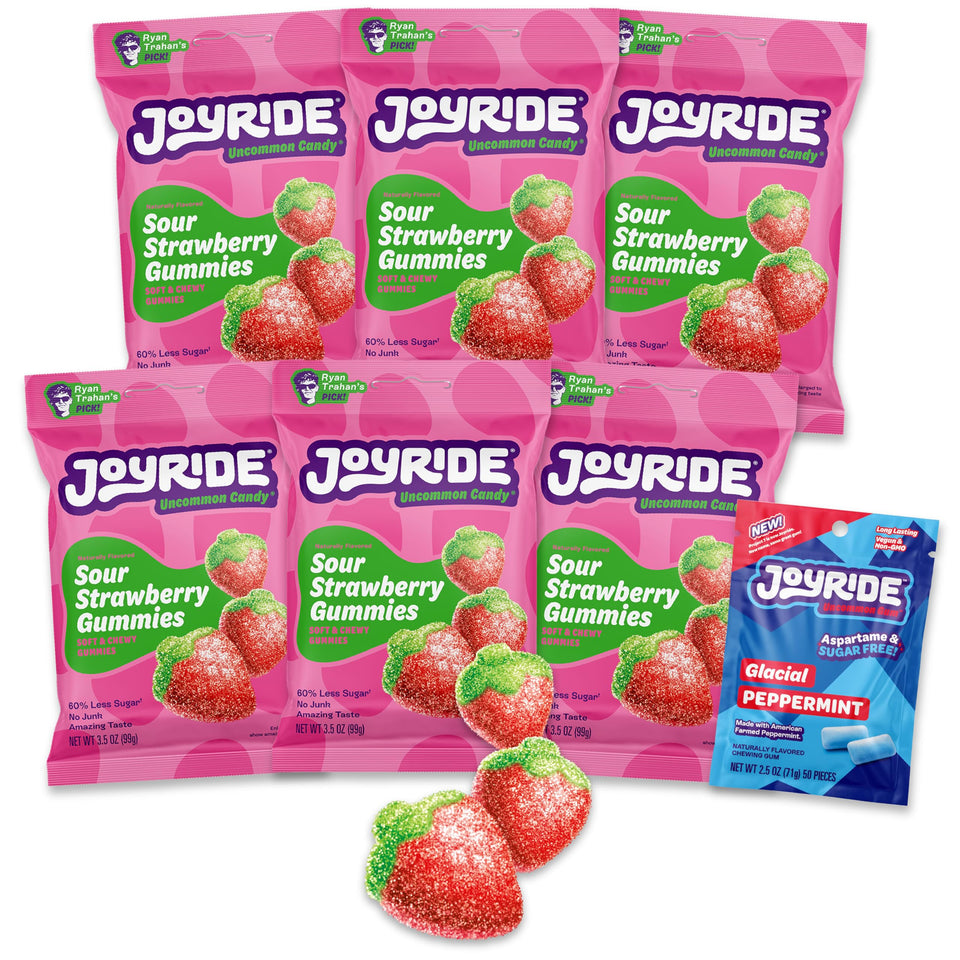 Joyride Sour Strawberry Gummies bundle front view shows tangy flavor and low-sugar appeal.