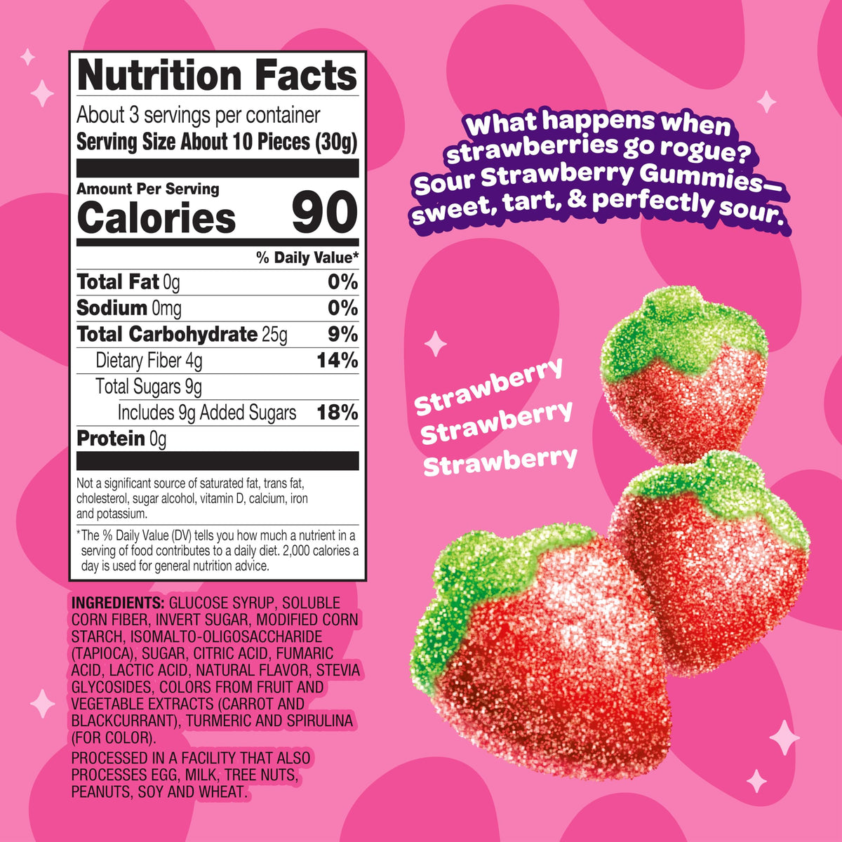 Joyride Sour Strawberry Gummies nutrition panel highlights calories and fiber per serving.