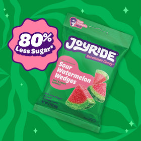 JOYRIDE Sour Watermelon Wedges bundle display communicates a plant-based healthy candy option.