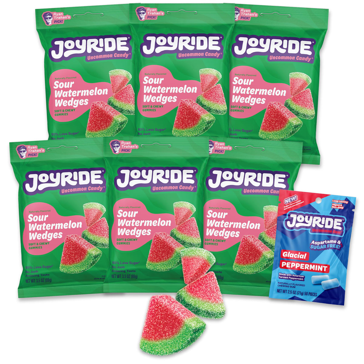 JOYRIDE Sour Watermelon Wedges pack front; bright, low-sugar snack option.