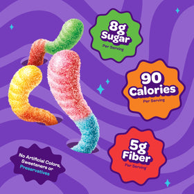 JoyRide Sour Worms chewy texture detail, soft worms ideal for on-the-go snacking.