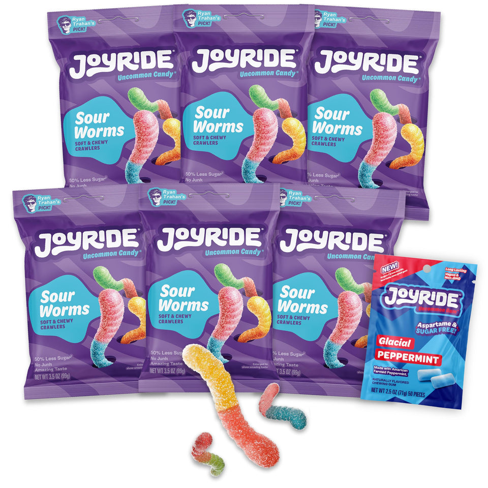 JoyRide Sour Worms lemonade flavor close-up, tangy bite and playful finish for snack time.