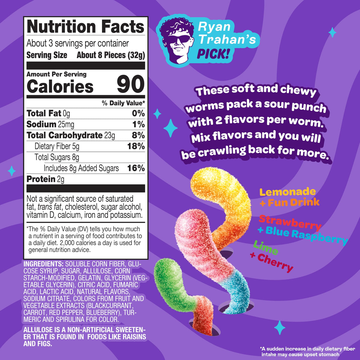 JoyRide Sour Worms strawberry blue raspberry close-up, bold flavor for lunchbox treats.